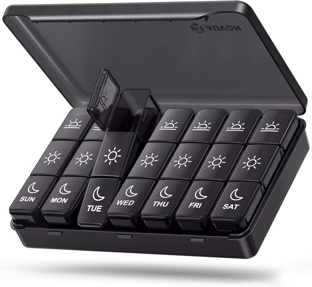 AUDON Weekly pil Organizer 3 keer per dag, Grote pil 7 dagen met dubbele bescherming voor reizen, Zwarte pil geval voor privacy bescherming, licht-proof pil container voor medicijnen, vitamines, visolie
