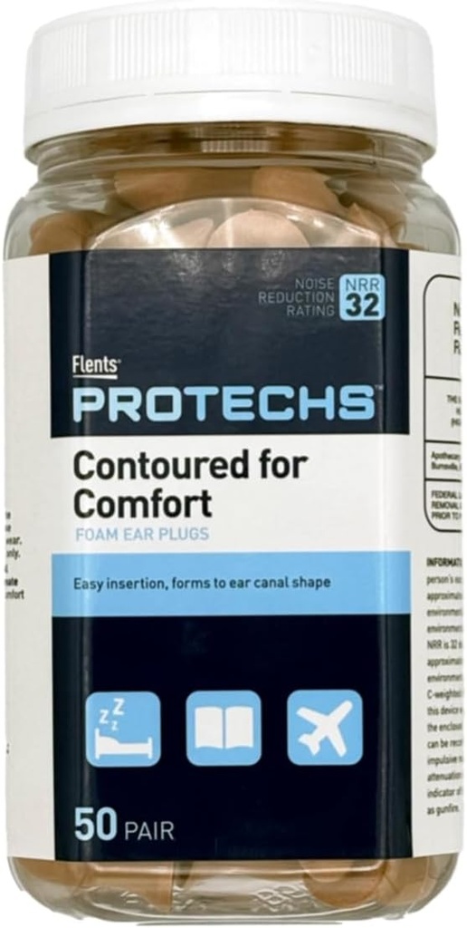 Flents Protechs wegwerpschuim oorpluggen, Contoured for Comfort, Ideaal voor werk, Luid geluid, zware machines, bouw, studie, schieten & reizen, NRR 32, Beige, gemakkelijk te gebruiken, 50 Pair