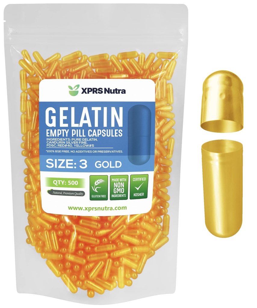 XPRS Nutra Maat 3 Lege Capsules - 500 Telle Lege Gelatine Capsules - Pillen DIY Capsule vullen - Pure Bovine Pill Gel Caps Vulbaar voor Do-It-Yourself Vitaminen en Supplementen (Goud)