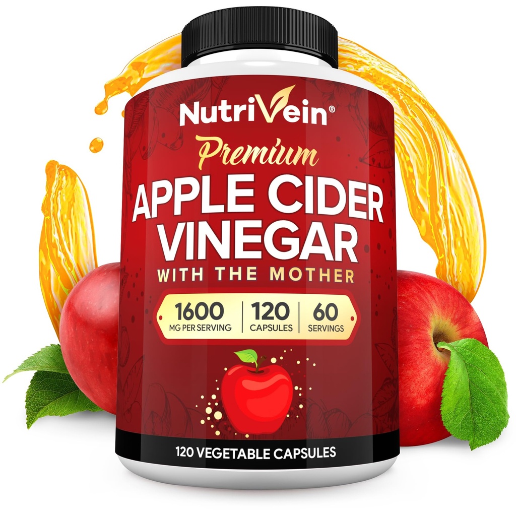 Nutrivein Premium Apple Cider Vinegar Supplementen met moeder - 1600 mg - 120 Apple Cider Vinegar Capsules: ACV Pillen voor spijsvertering, Keto, Reiniging en Balanced Nutrition