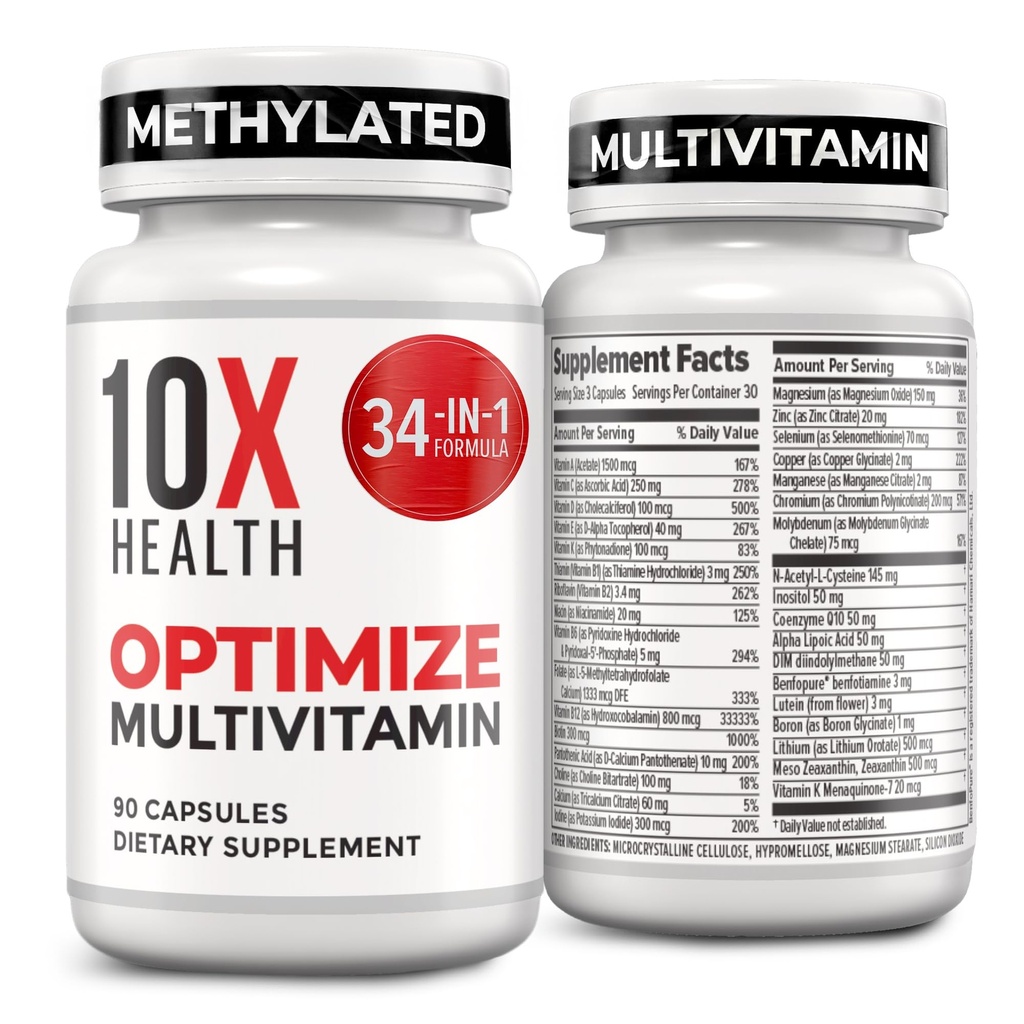 10X Gezondheid Optimaliseren Multivitamine voor mannen - 90 Capsules, Gemethyleerde Multivitamine 34 in 1 Formule met 800 mcg vitamine B12, 5-MTHF, NAC - Methyl B Complex, MTHFR Supplement