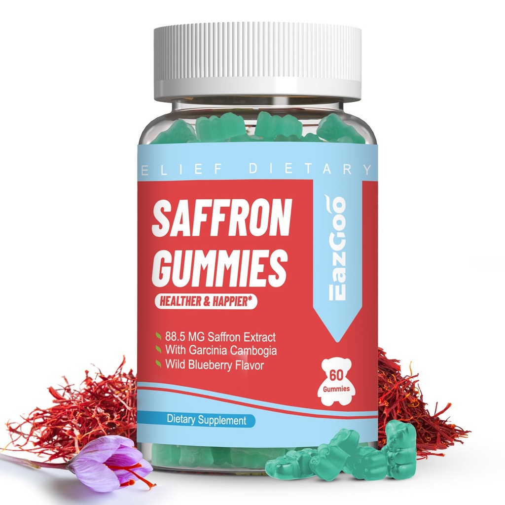 Saffraansupplementen Gummies, Saffron Extract voor positieve Mood & Calm Nerve, Boost Energy, met Garcinia Cambogia, Vitamine A, B12, Rhodiola Rosea - 60 Gummies