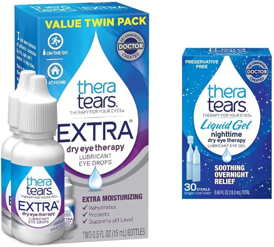 TheraTears Extra Dry Eye Therapy Lubricating Eye Drops for Dry Eyes, 0.5 fl oz Bottle, 2 Count(Pack of 1) & Liquid Gel Nighttime Lubricating Eye Drops for Dry Eyes, Single-Use Vials, 30 Count