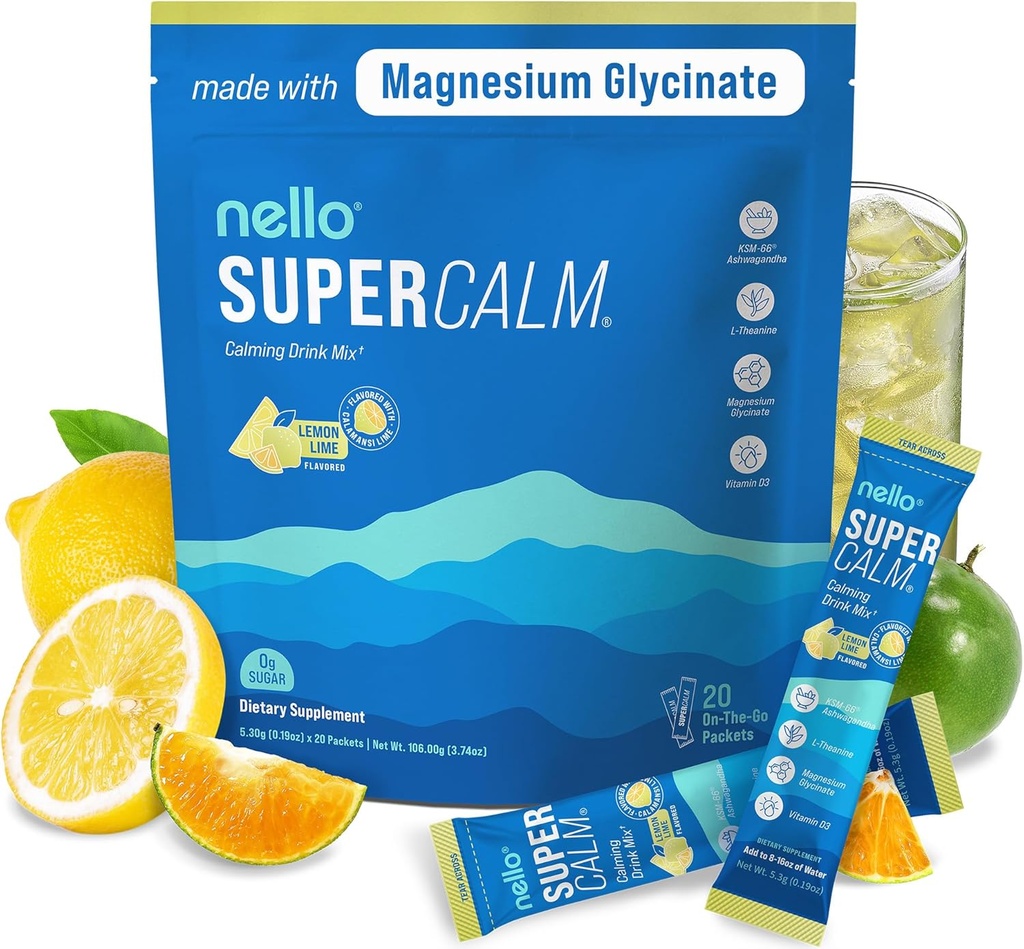 Nello Supercalm Drink Mix - Ashwagandha KSM 66, Magnesium Glycinate & L-Theanine Supplement, Vitamine D3 - Ashwagandha Root Extract - Focus and Relaxation Support (20 Travel Packets) - Lemon Lime