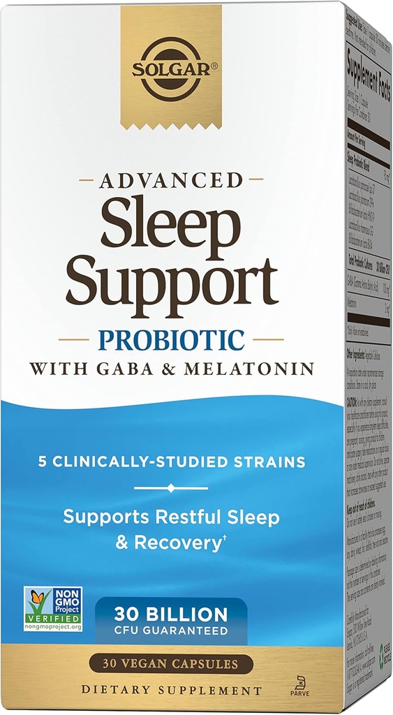 Solgar Advanced Sleep Support Probiotic with GABA & Melatonine, 30 Vegan Capsules - 30 Miljard CFU - 5 Klinisch gestuded strains - Ondersteuning voor rustgevende slaap & herstel - Non-GMO & Vegan, 30 Servings