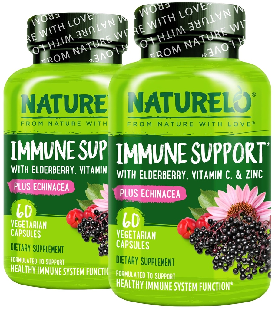 NATURELO Immune Support Vitamine C, Vlierbes, Zink, Echinacea Natural Immunity Boost w/Antioxidant, Herbal & Mineral Defense - 60 Vegan Capsules (pakket van 2)