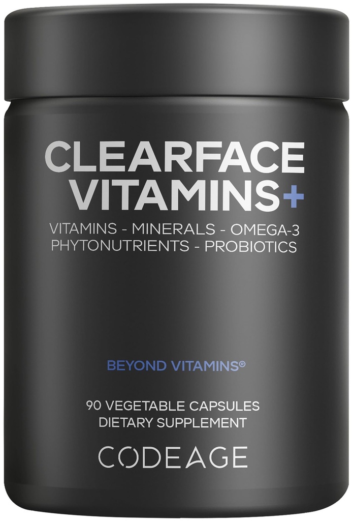 Codeage Clearface Pantothenic Acid, Niacin Supplement, Vitaminen A, C, D3, E, Probiotica, Zink, Riboflavine, Thiamin, L-Lysine HCL & Omega-3, Niacinamide, Botanical Blend - Non-GMO - 90 Capsules