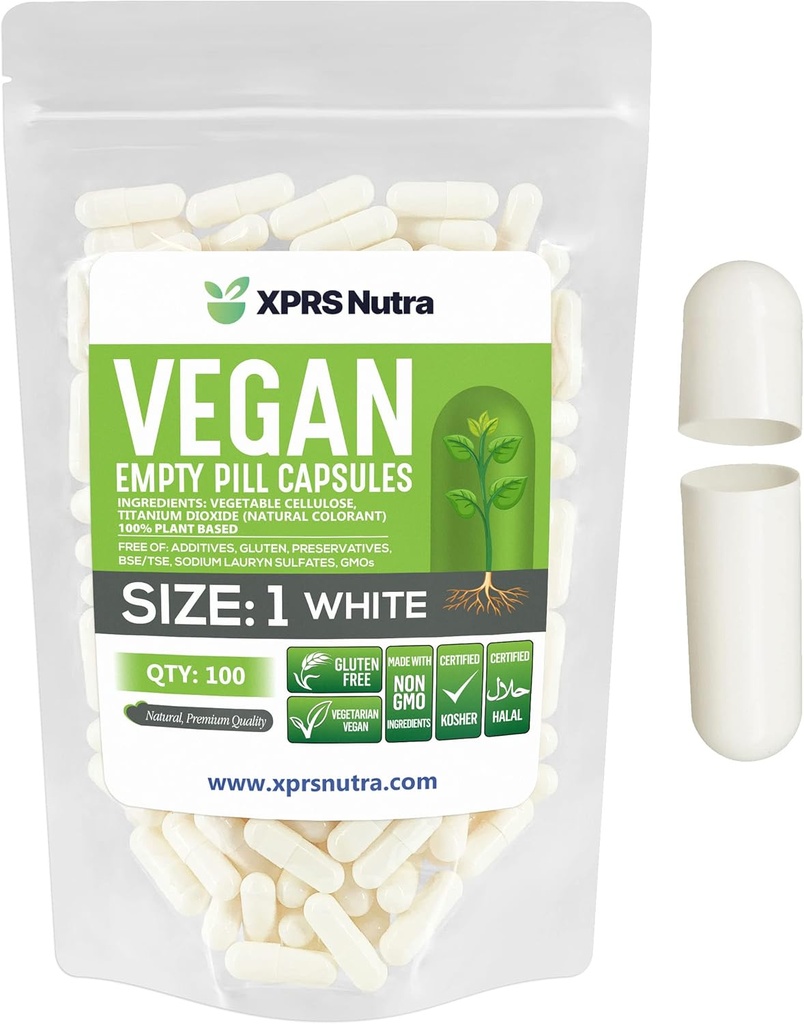 XPRS Nutra Maat 1 Lege capsules - 100 Graaf Lege Vegan Capsules - Vegetarische pillen - DIY plantaardige Capsule Vul- Veggie pilscaps voor Do-It-Yourself Supplements (White)