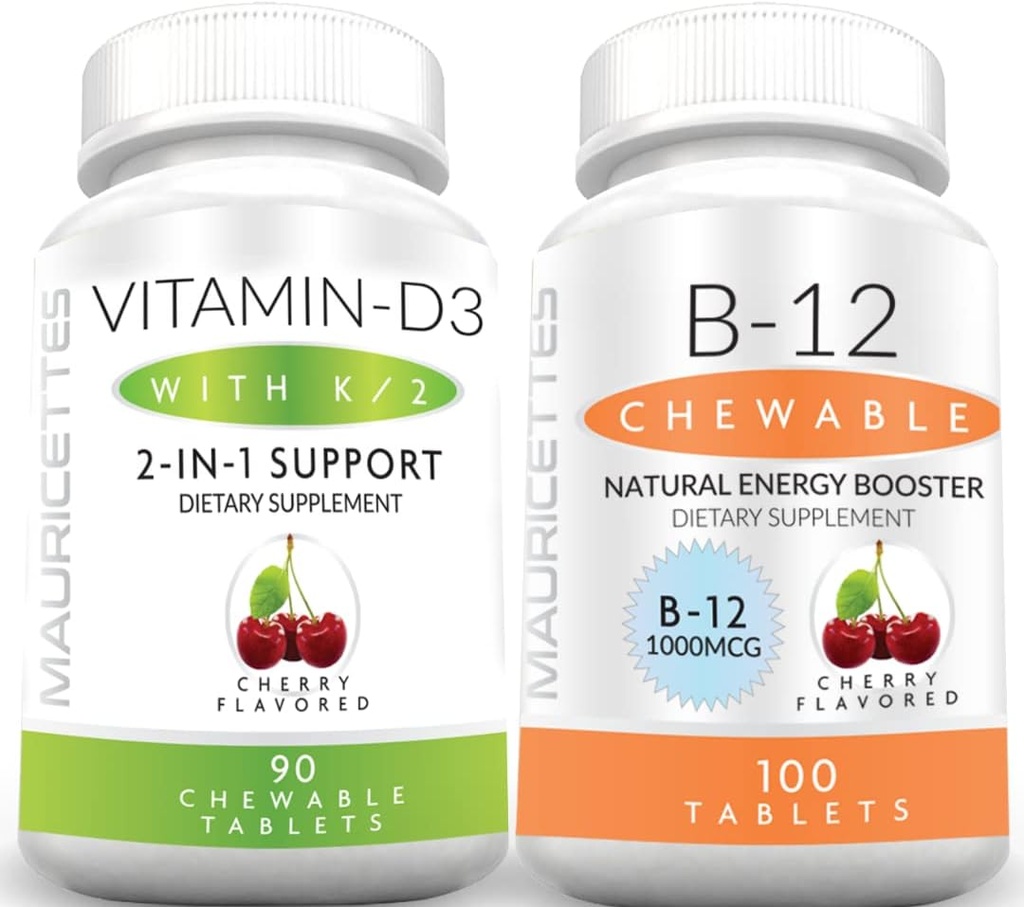 Mauricettes Kauwbare vitamine D3 met K2 & Kauwbare vitamine B12 1000 mcg Energie en Immune Ondersteuning Bundel