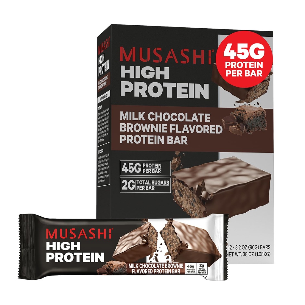 MUSASHI High Protein Bar, 45g Protein, 2g Total Sugars, Milk Chocolate Brownie, Post Workout en Proteïne Snack On The Go, 12 Pack of 3.2oz (90g) Bars