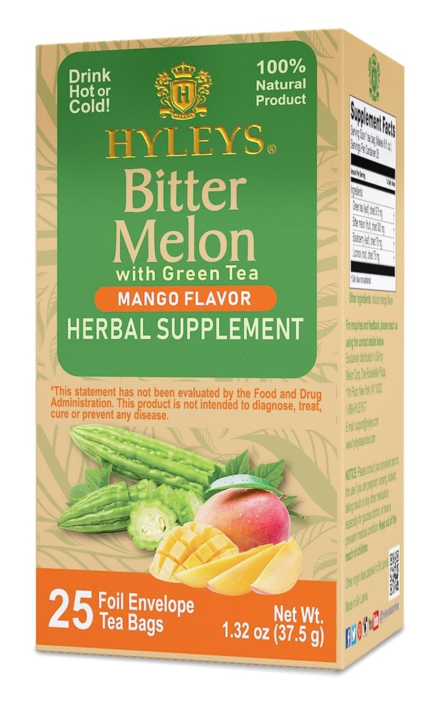Hyleys Bitter Meloen met groene thee - Mango smaak - 25 theezakjes - Ondersteunt gezonde leverfunctie - kruidensupplement - (6 Pack - 150 theezakjes Totaal)
