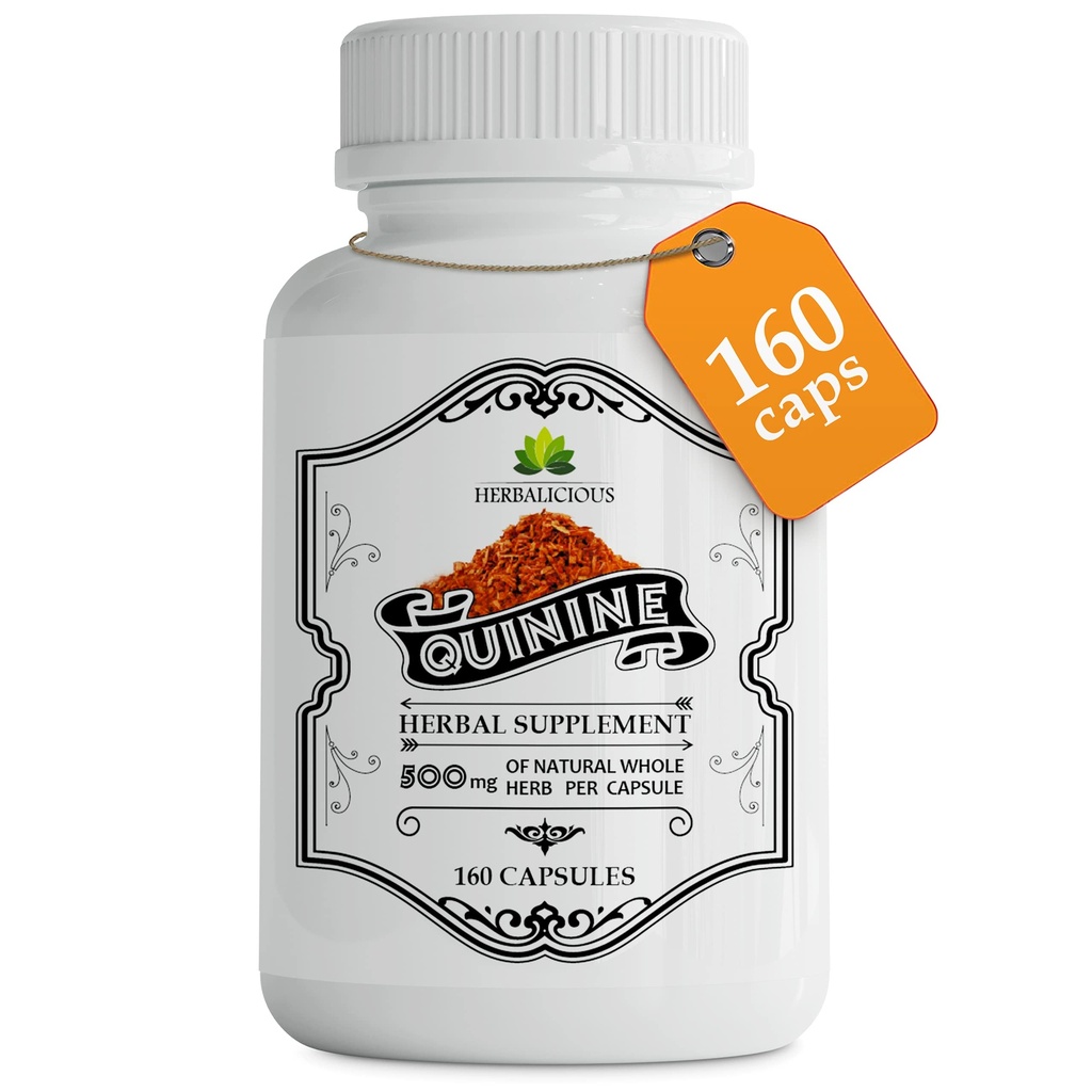 HERBALICIOUS Quinine Capsules - Cinchona Officinalis Bark Herbal Supplement for Muscle, Cramp Defense and Overall Digestive Health - All-Natural Quinine Sulfate Pills, 500mg per Capsule, 160 Tablets