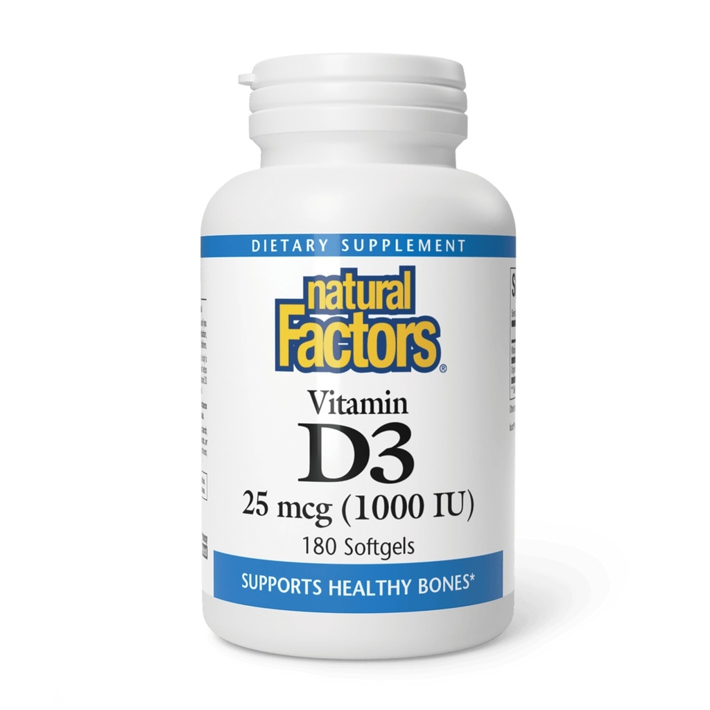 Natuurlijke factoren, vitamine D3 1000 IE (25 mcg), ondersteunt sterke botten, spieren en immuunfunctie, 180 tabletten