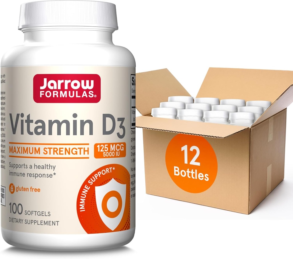 Jarrow-formules Vitamine D3 125 mcg (5000 IE) - 100 porties (Softgels) - Bone Health, Immune Support & Calcium Metabolisme Support - Vitamine D Supplement - D3 Vitaminen - 5000 IE Vitamine D (pakket van 12)