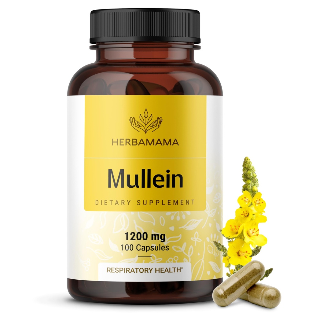 HERBAMAMA Mullein Leaf Capsules - 1200mg Mullein Leaf Extract voor Lung Detox Ondersteuning - Vegan, Non-GMO Respiratory Lung Cleanse Supplement
