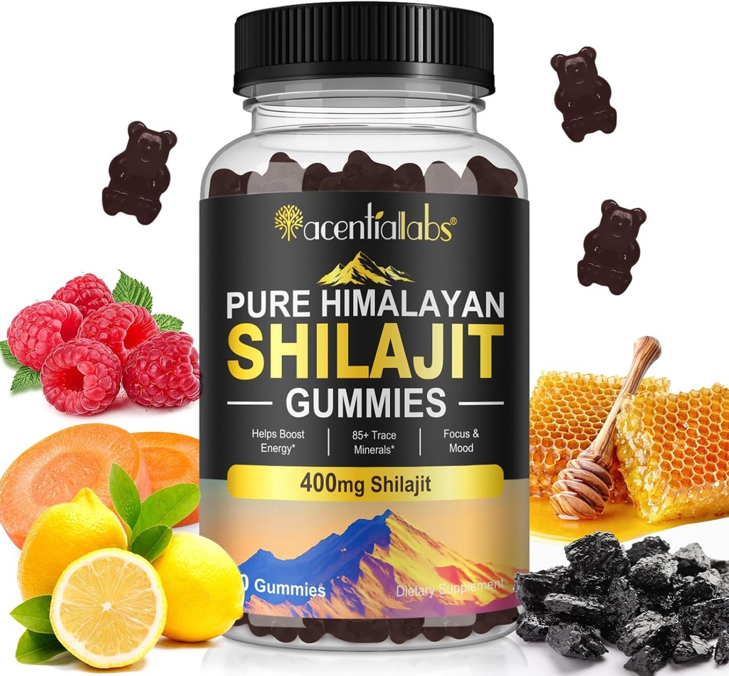 Shilajit Gummies, Pure Himalaya Shilajit Gummies met 100% Shilajit, Shilajit Biologische Gummies Rijk aan Fulvic Acid 85+ Trace Minerals Geschikt voor mannen & vrouwen, Non-GMO - 60 Gummy
