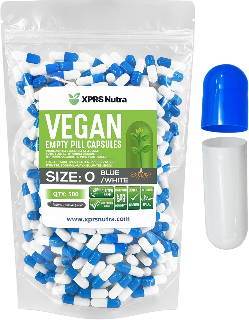XPRS Nutra Maat 0 Lege capsules - 500 Graaf Lege Vegan Capsules - Vegetarische pillen - DIY plantaardige Capsules vullen - Veggie pilscaps voor Do-It-Yourself Supplements (Blauw/Wit)