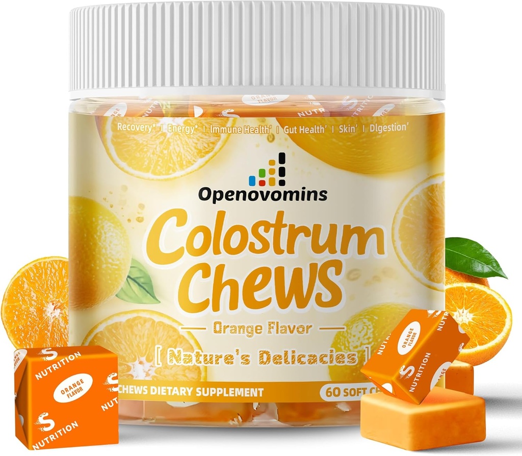 Bovine Colostrum Zachte Kauwen Supplement met probiotica voor Gut Health, Bloating, Immune Support, Huid, Haargroei en Schoonheid - Oranje Smaak (60 Servers)
