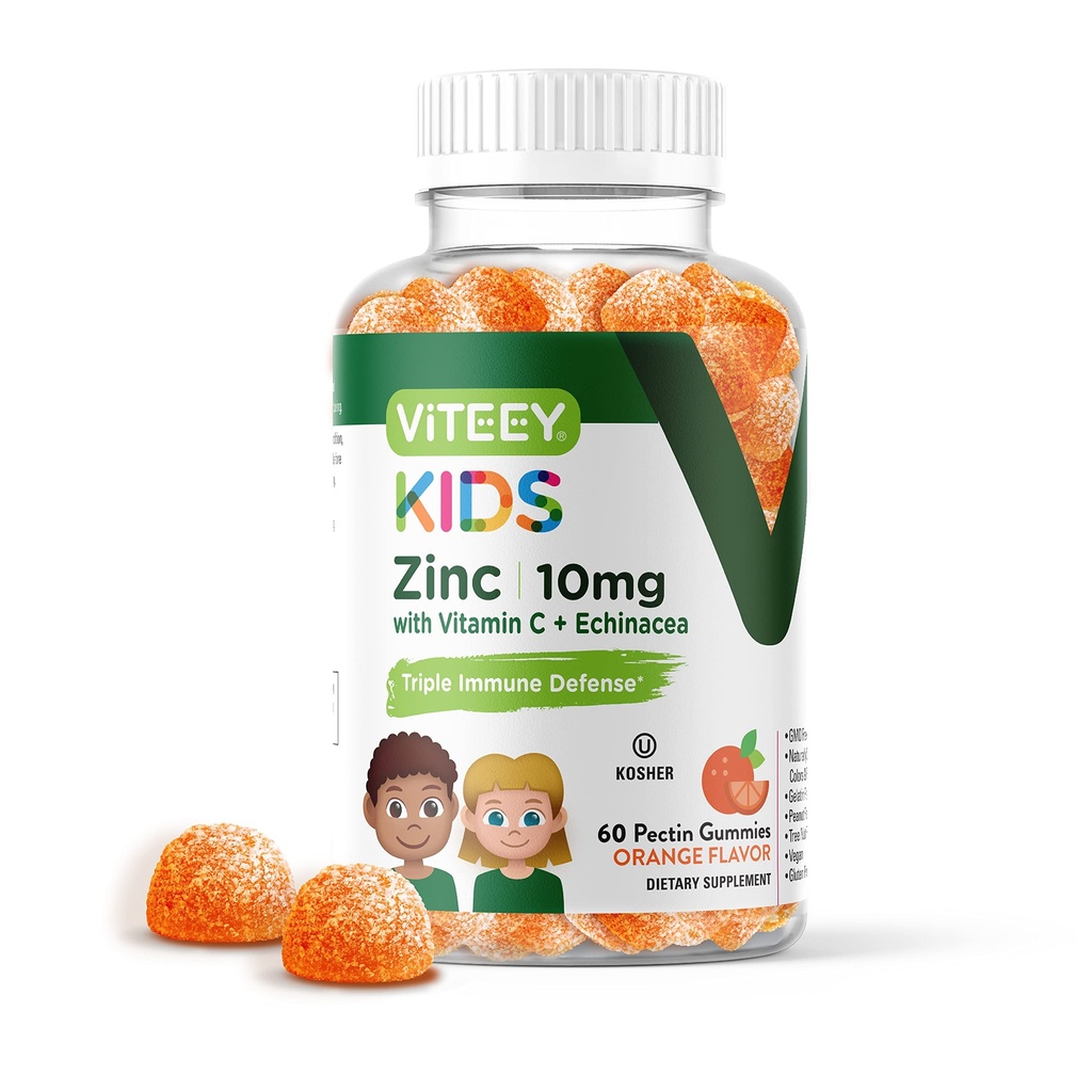 Viteey Zink voor kinderen Gummies 10mg, met vitamine C & Echinacea - Immune Support, Krachtige natuurlijke antioxidant, Kids Zink Vitamine Supplement - Vegan, Gelatine Gratis - Smakelijke Kauwbare Oranje Smaak Gummy