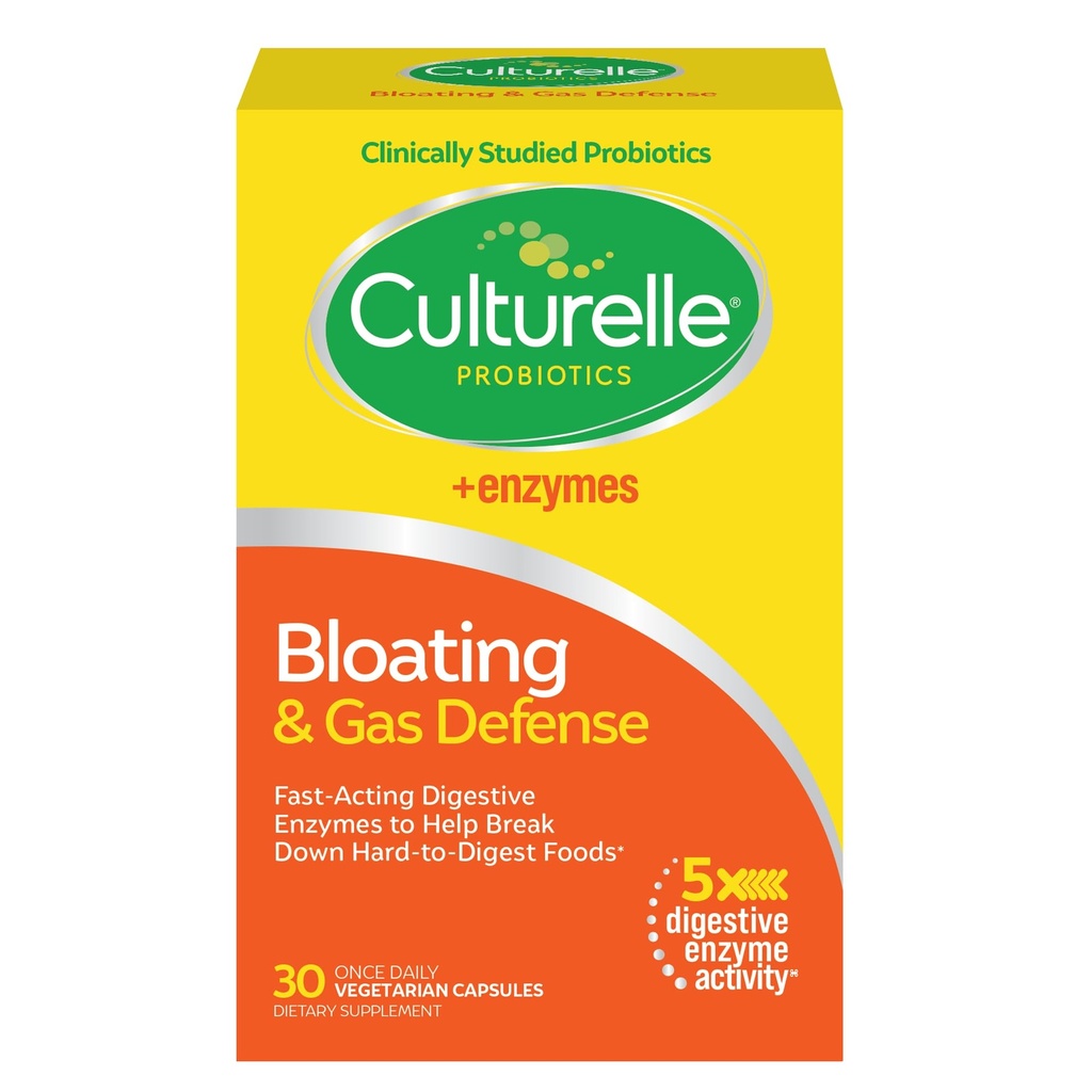 Culturelle Bloating & Gas Defense, Digestieve Enzymen & Probiotica voor de spijsvertering, 30 Capsules, Ondersteunt Occasional Indigestie & Discomfort