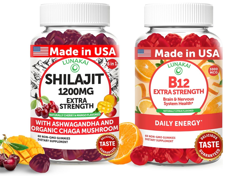 Lunakai USA Made Shilajit & B12 Extra Strength Gummies Bundle 