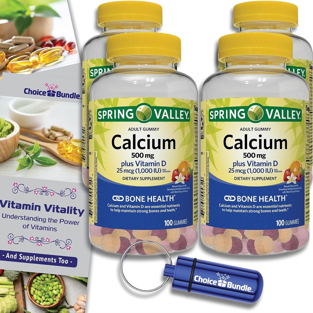 Keuze Bundle Spring Valley Calcium 500 mg Plus Vitamine D 25 mcg Bone Health Dietary Supplement Gummies, 100 Ct 4 pk (400 Totaal) + Vitamine Guide en Pillen Container (6 Items)!