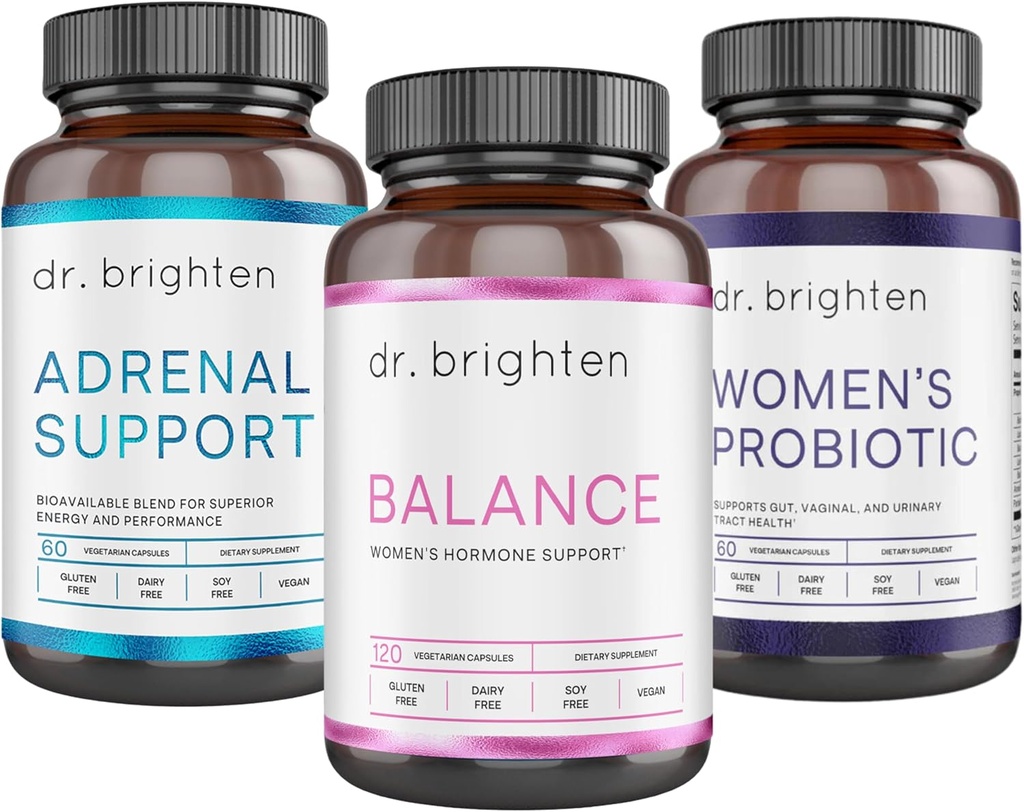 Dr. Brighten Periode Ondersteuning Kit - Balance, Adrenal Support, en Vrouwenprobiotica - Targets Hormonal Acne, Periodeproblemen, & PMS - Vegan, Non-GMO