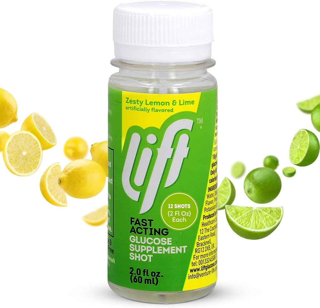 Lift Glucose Fast-Acting Glucose Energy Juice Shots, Lemon Lime, 2.0 fl oz Bottles (Pack of 12)