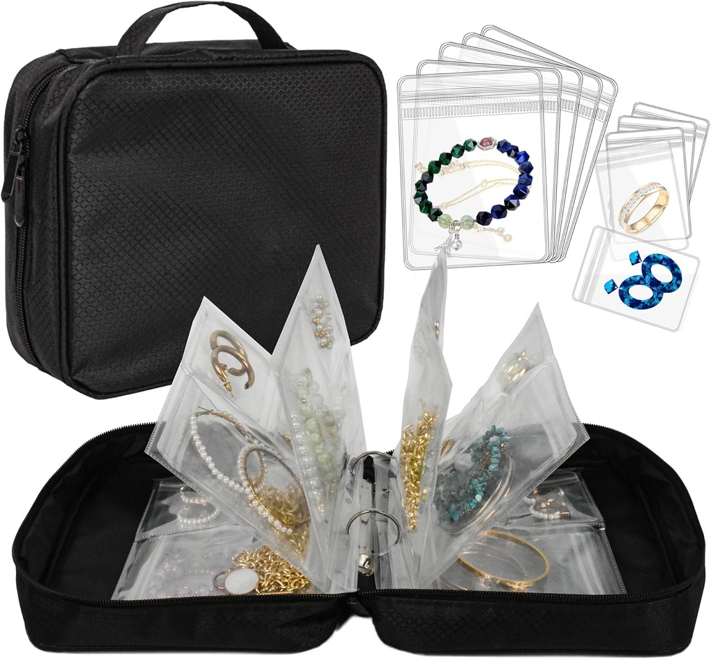 Reis sieraden Organisator Case Transparante sieraden opslag boek Binder Bag voor oorbellen, ringen, ketting, armband (All-Black)