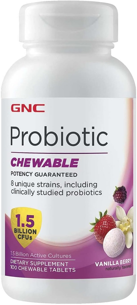 GNC Probiotica kauwbaar met 1,5 miljard CFU - Vanille Berry, 100 tabletten, Dagelijkse Probiotische Ondersteuning