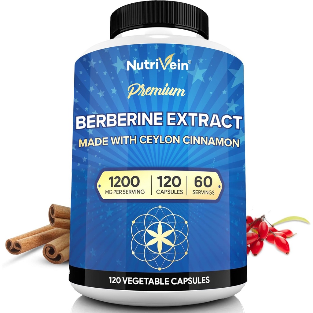 Nutrivein Premium Berberine HCL 1200 mg met Ceylon Cinnamon - 120 capsules: Berberinesupplement met hoge absorptie voor verdediging, spijsvertering, & stofwisseling