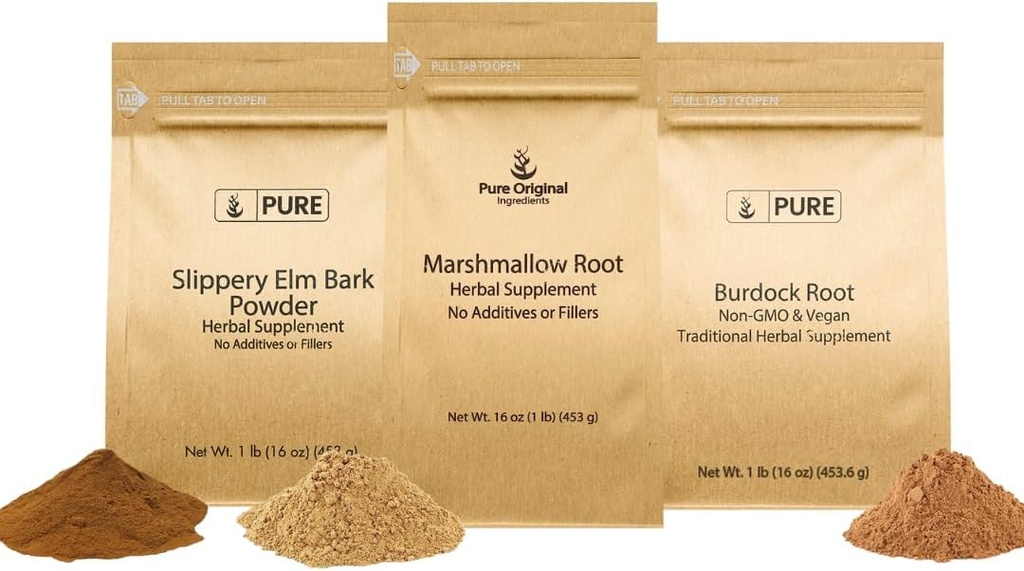 PURE ORIGINEEL INGREDIËNTEN Slipperig Elm Bark, Marshmallow Root, en Burdock Root Bundle, 1 lb Elke, Poeder, Kruidensupplementen