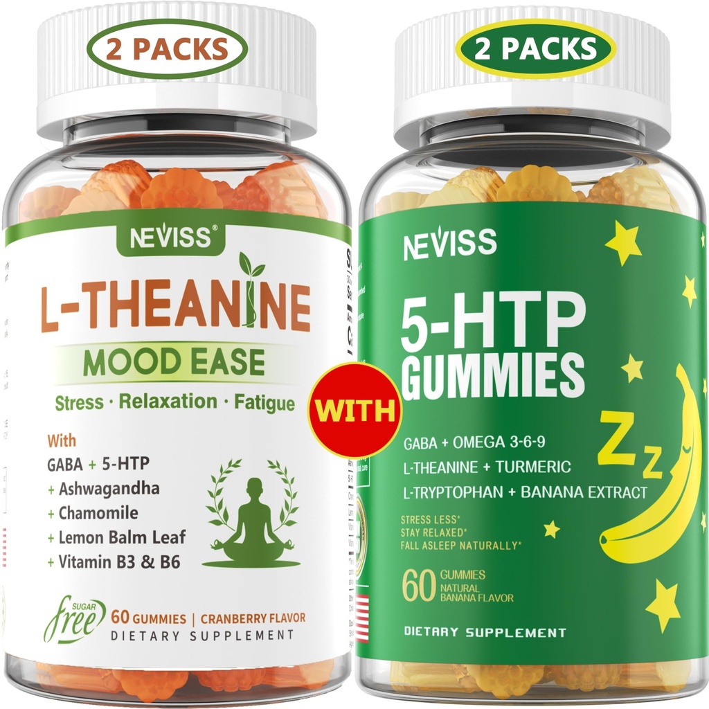 NEVISS Suikervrij L-Theanine Kalm Gummies 120 Telt + Suikervrij 5-HTP Gummies 120 Telt