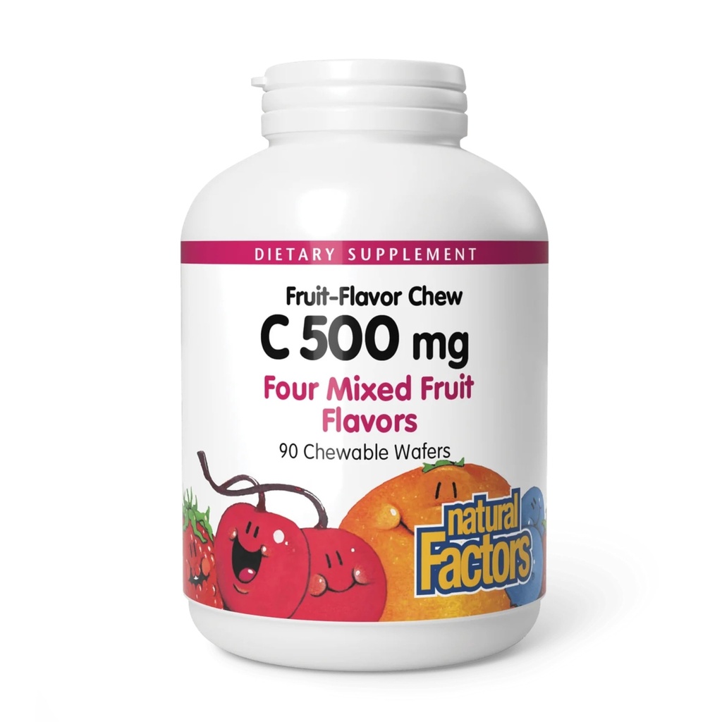 Natuurlijke factoren, Kauwbare vitamine C 500 mg, Ondersteunt Immune Health, Bones, Tanden en Gums, Gemengd fruit, 90 Wafers