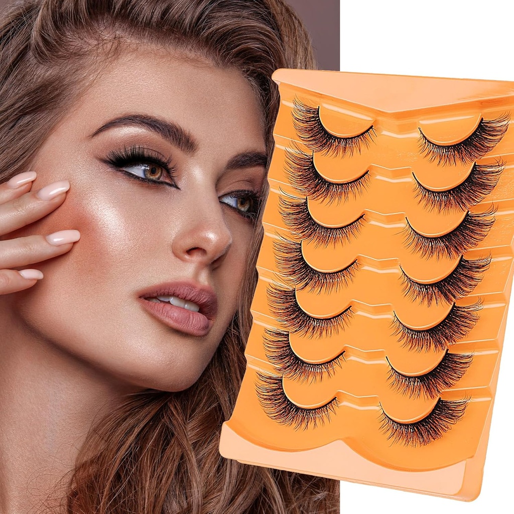 Heasy Fox Eye Lashes, Wispy Valse wimpers D Curl Mink Lashes Fluffy Valse wimpers Natural Look Cat Eye Lashes Strip Pack 7 Pairs, Black