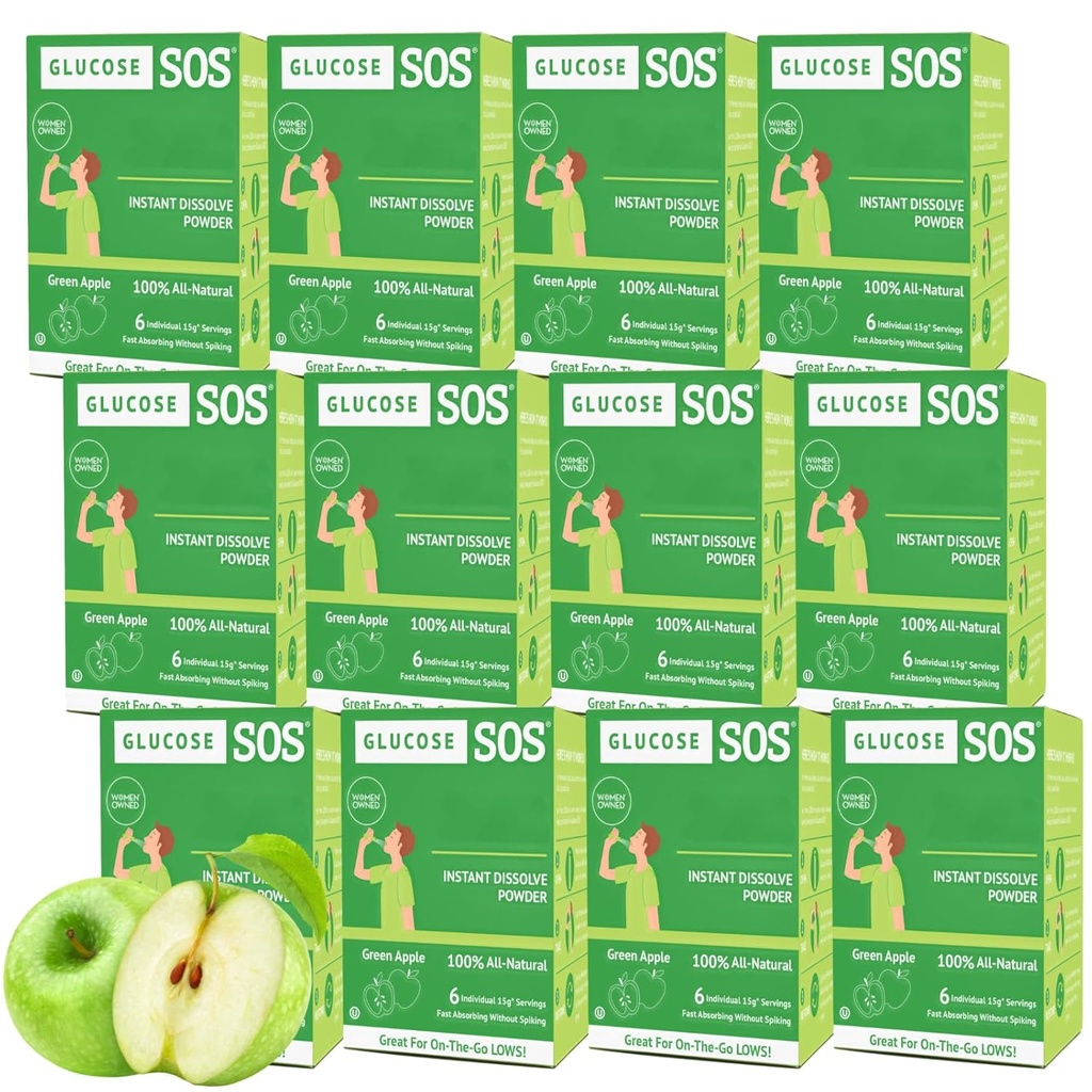 Glucose SOS Glucose Poeder Verpakkingen met Natuurlijke Dextrose, Fast Absorptie Dat onmiddellijk oplost in uw mond zonder water nodig, Green Apple 72 Serves