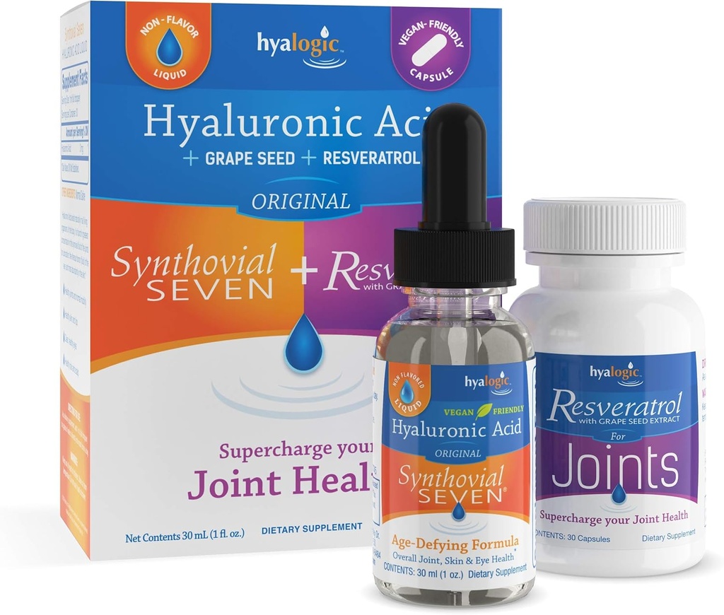 Hyalogic Synthovial Seven Hyaluronic Acid Liquid & Resveratrol Capsules - HA Support - Vegan - 1 oz