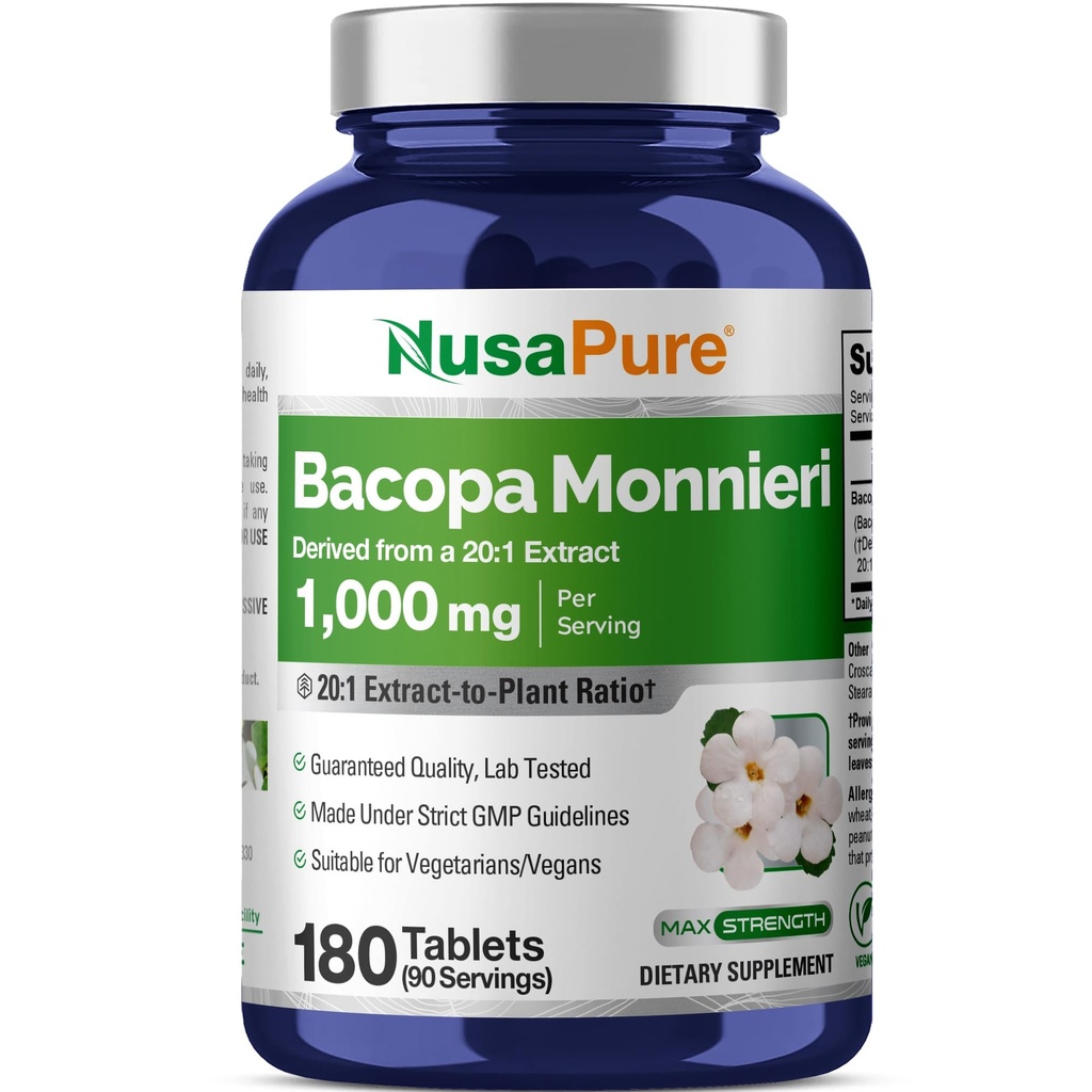 NusaPure Bacopa Leaf Monnieri Extract 20.000 mg 180 tabletten (Extract 20:1, Non-GMO, Glutenvrij)