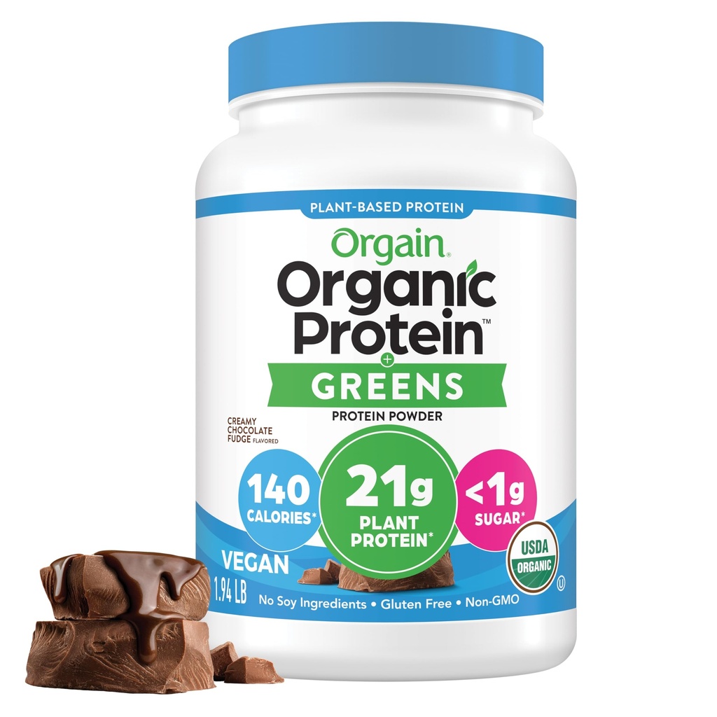 Orgain Organic Vegan Protein Powder + Greens, Romige Chocolade Fudge - 21g Plant Based Protein, Glutenvrij, Zuivel en Lactosevrij, Sojavrij, Geen Suiker Toegevoegd, Iron & Prebiotics for Gut Health - 1,94lb