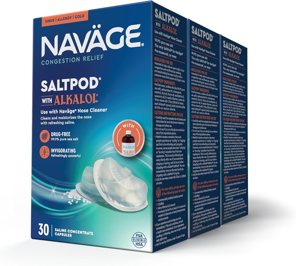 Navage SaltPod w/ Alkalol (3 30-Packs) - Exclusively Designed for Navage Nasal Rinse - Sinus Rinse Alkalol Pods for Fast Relief (90 SaltPod Refills)