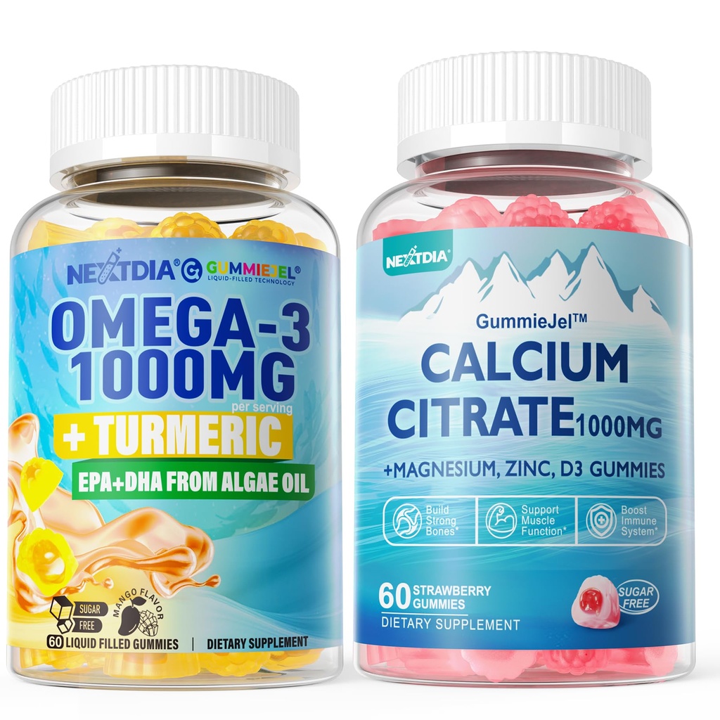 1Pack Suikervrije Calcium Citroen, Magnesium Citroen & 1Pack Vegan Omega-3 Gummies 1000mg + Kurkuma