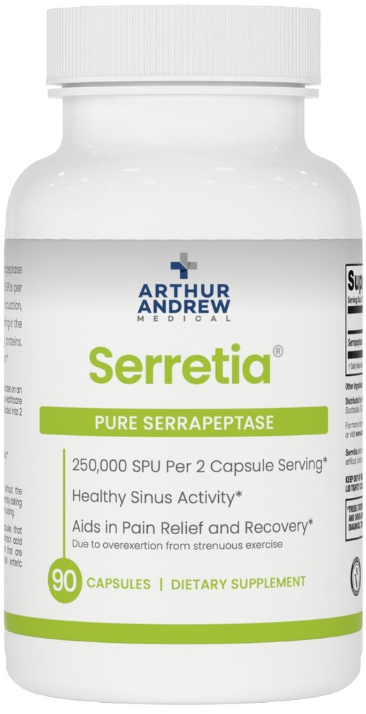 Arthur Andrew Medical, Serretia, Serrapeptase Formule voor spier- en sinusondersteuning, 90 capsules