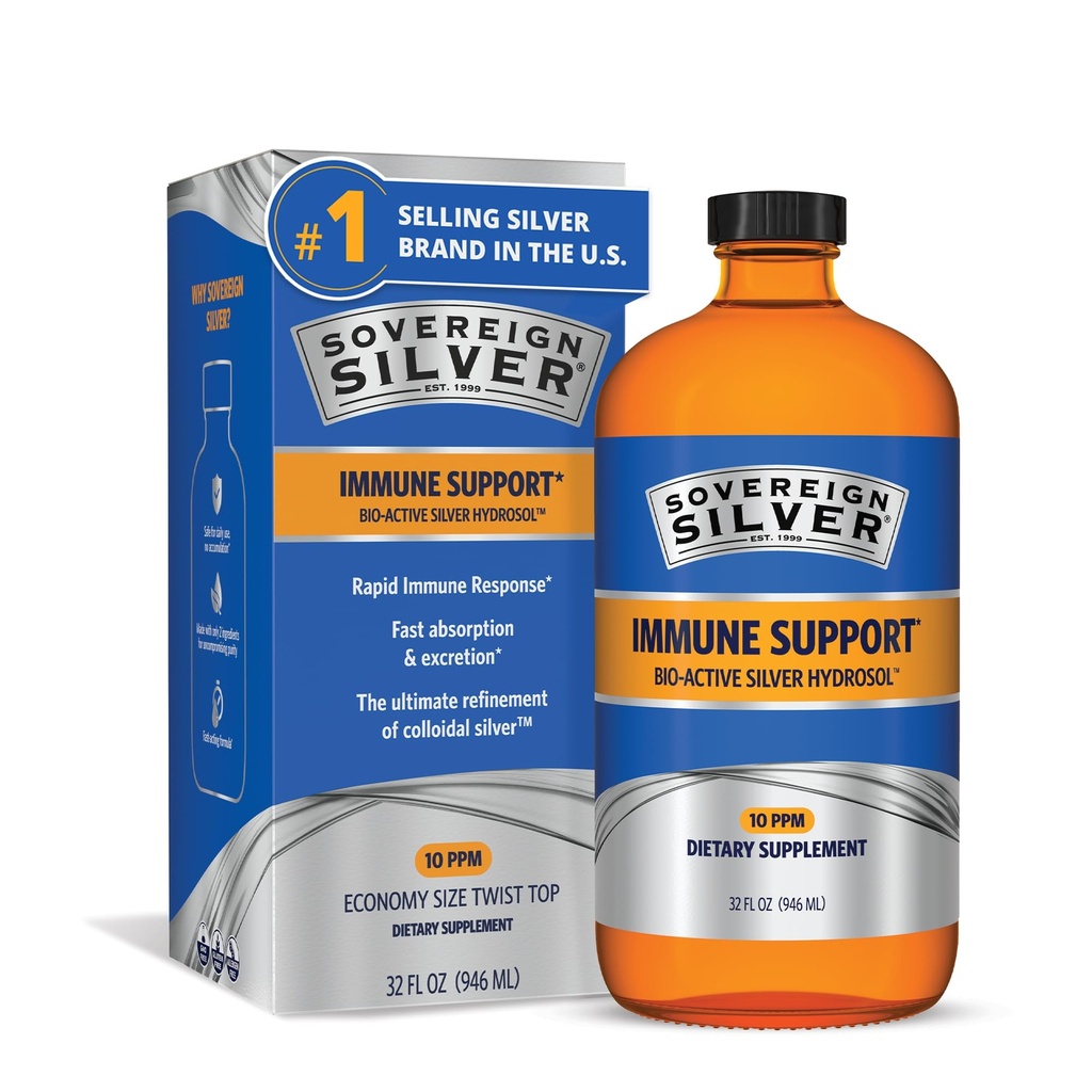 Sovereign Silver Immune Support - Collective Silver, Bio-Active Silver Hydrosol, 10 ppm, Liquid Twist Top, 32 Fl Oz, (946 ml)