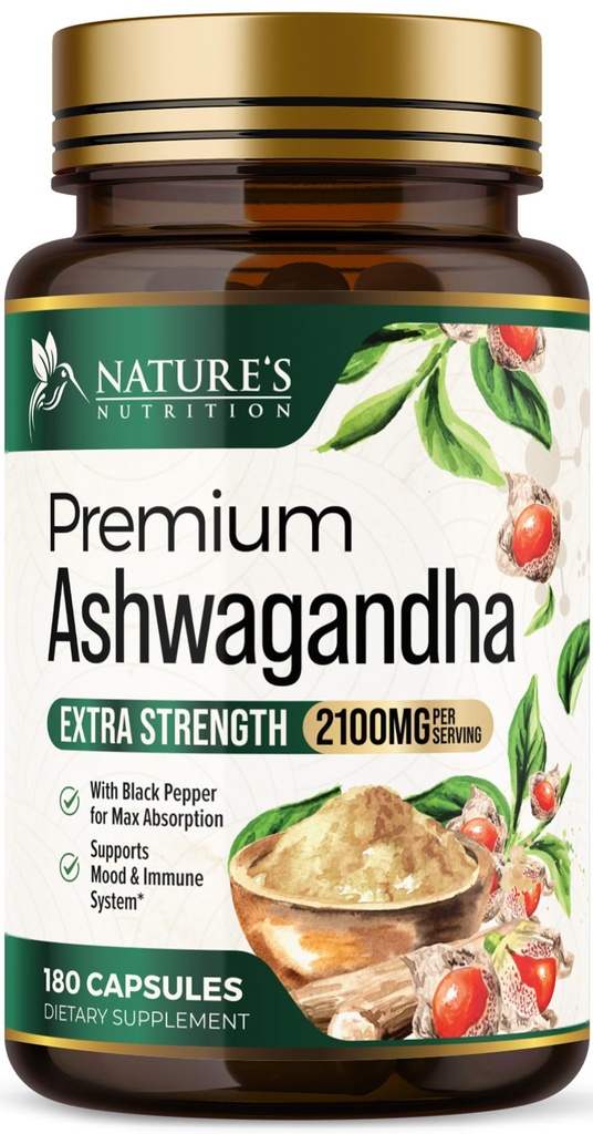 Ashwagandha-supplementen - 2100mg Ashwagandha-capsule voor vrouwen en mannen, natuurlijke antioxidantondersteuning, Ashwa-wortelextract, extra sterkte Kalme ondersteuning met zwarte peper, veganistisch en glutenvrij - 180 capsules