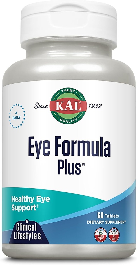 KAL Eye Formula Plus, Eye Care en Vision Supplementen voor volwassenen, met Oogvitaminen Luteïne en Zeaxanthine, Plus Bilberry Extract, Goji en Blueberry Extract, 60 dagen garantie, 15 porties, 60 tabletten