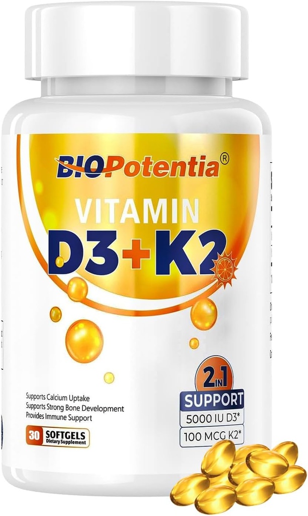 Vitamin D3 K2 with MCT Oil Supplement, Vitamin D3 5000 IU & K2 100MCG (MK7), Supports Immune, Bone & Teeth Health - Gluten Free Non-GMO - 30 Softgels
