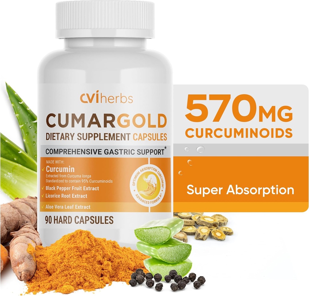 Cumargold 570mg Curcuminoïden Kurkuma Curcumin Supplement met Piperine, Licorice Root & Aloë Vera - High Potency Natural Wellness Capsules (90 Tel.)