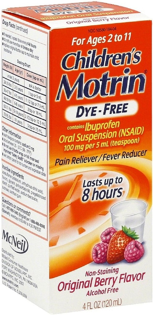 Motrin Children's Dye-Free Pain Reliver/Fever Reducer, Original Berry Flavor 4 Oz (3 Pack)