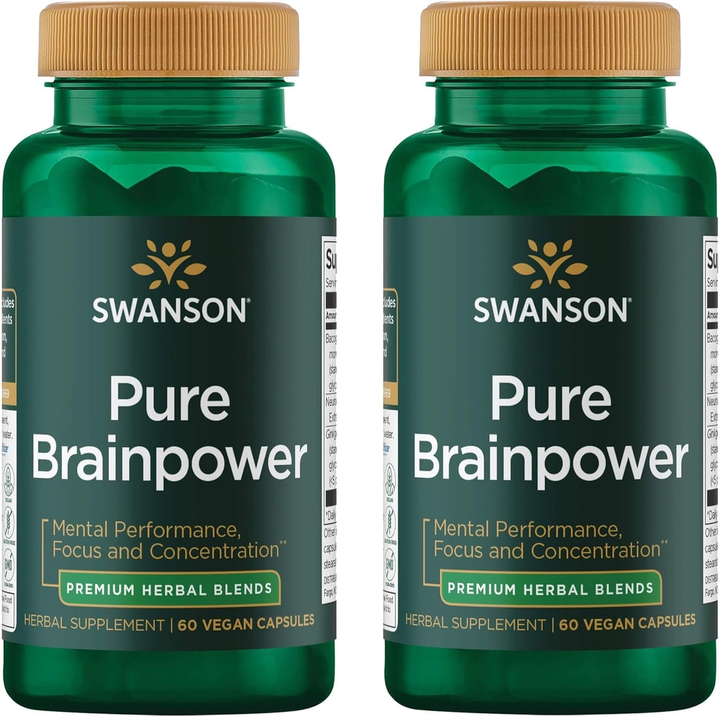 Swanson Pure Brainpower Brain Health Cognitive Memory Focus Support Brain-Derived Neurotrofic Factor (BDNF) Herbal Supplement (Ginkgo Biloba, Bacopa Monnieri) 60 Veggie Capsules (Veg Caps) (2 Pack)