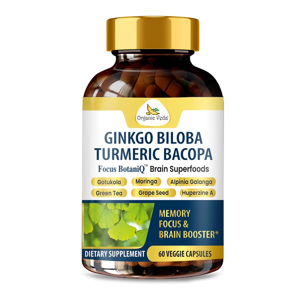 Organische Veda Ginkgo Biloba Kurkuma Bacopa Brain Supplement voor Geheugen, Mood & Focus met Ashwagandha - Concentratie, Energie & Brain Booster, Gezonde gewrichten & Circulatie Ondersteuning - 60 Vegan Capsule